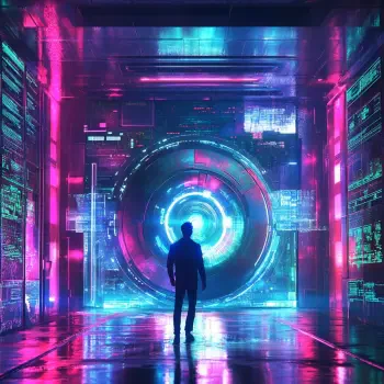 A silhouetted figure stands in a vibrant cyberpunk vault, surrounded by glowing digital interfaces and a large circular portal, embodying a futuristic aesthetic.