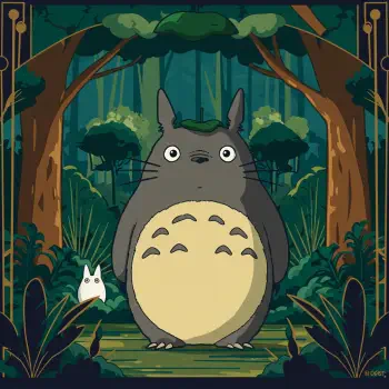 A whimsical avatar featuring Totoro from My Neighbor Totoro, standing in a lush forest surrounded by greenery, with a smaller character peeking from behind him.