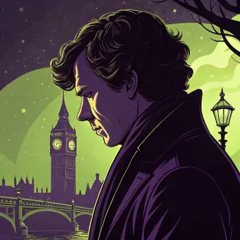 Illustration of Sherlock Holmes from the TV series, featuring his profile against a nighttime London backdrop, with Big Ben and a greenish moonlit sky. Perfect for a forum avatar.