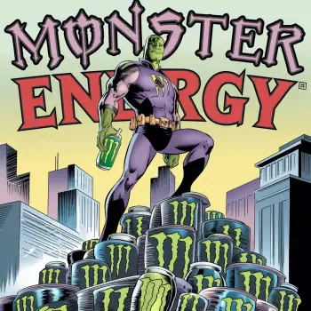 A stylized avatar featuring a muscular, green-skinned character in a purple outfit, standing triumphantly atop stacks of Monster Energy cans, with MONSTER ENERGY displayed prominently above.