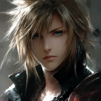 Profile photo of Cloud Strife from Final Fantasy, featuring his iconic spiky hair and striking blue eyes, set against a blurred background.