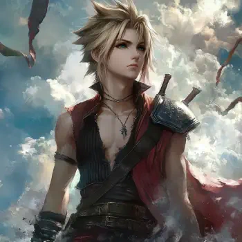 A dynamic illustration of Cloud Strife from Final Fantasy, featuring his iconic spiky hair and sword, set against a dramatic sky, serving as a striking forum avatar.