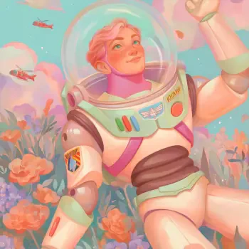 A colorful avatar featuring Buzz Lightyear in a vibrant space-themed scene surrounded by flowers and clouds, capturing a playful and adventurous spirit.