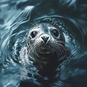 A close-up of a baby seal emerging from the water, its large eyes and whiskered face capturing a playful yet curious expression, perfect for a forum avatar.
