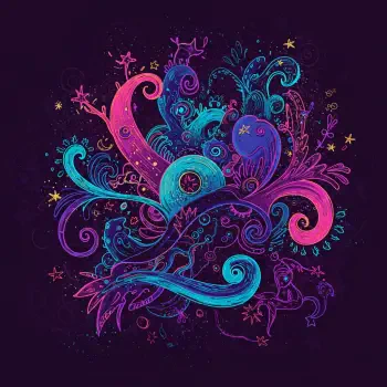 A vibrant and magical profile photo featuring swirling patterns in pink, blue, and purple, adorned with whimsical stars and floral elements against a dark background.