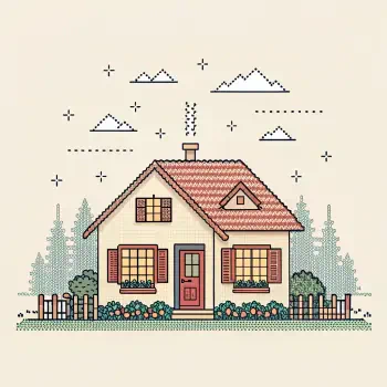 A charming graphic of a cozy house surrounded by trees and flowers, featuring a chimney and mountains in the background, serving as a forum avatar or profile photo representing Home.