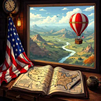 A warm-toned illustration featuring a scenic landscape with a hot air balloon, an open map, and an American flag, set in a cozy room. Perfect as a forum avatar representing the USA.