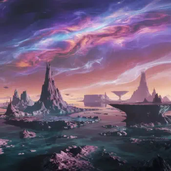 A vibrant exoplanet landscape featuring towering rock formations and swirling cosmic colors, set against a dramatic sky, serves as an engaging forum avatar.