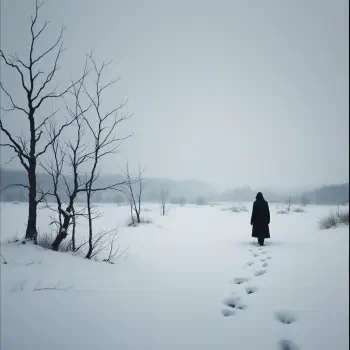 A serene winter landscape featuring a figure walking through deep snow, with bare trees in the background and a soft, overcast sky, making this an evocative forum avatar.