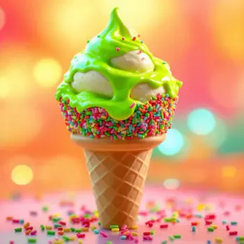 A vibrant ice cream cone topped with bright green swirl and colorful sprinkles, set against a blurred, colorful background. Ideal for a fun forum avatar or profile picture.