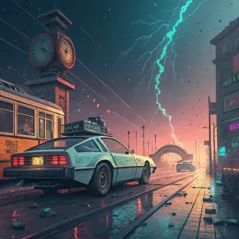 A dynamic illustration featuring a futuristic taxi and a retro train, set against a vibrant skyline with lightning, embodying the theme of time travel. Ideal for a forum avatar.