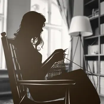 A silhouette of a person sitting in a chair, knitting, surrounded by a cozy indoor setting with a lamp and bookshelves, used as a forum avatar.