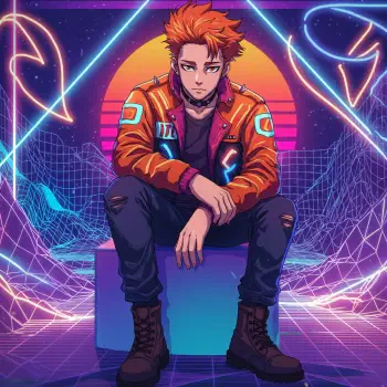 Vibrant orange-haired anime character in a futuristic outfit, seated against a neon backdrop of geometric shapes and a sunset, designed as a stylish forum avatar.