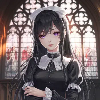 Gothic anime profile avatar featuring a young woman with long black hair and purple eyes, dressed in a black outfit with a white collar and a bow, set against a stained glass backdrop.