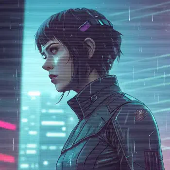 A stylized profile image inspired by Ghost in the Shell, featuring a character in a rain-soaked urban scene, showcasing a futuristic aesthetic and a reflective expression.