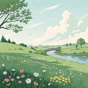 Illustration of a peaceful meadow with colorful flowers, a gently flowing river, green trees, and a wooden bridge under a bright, partly cloudy sky.