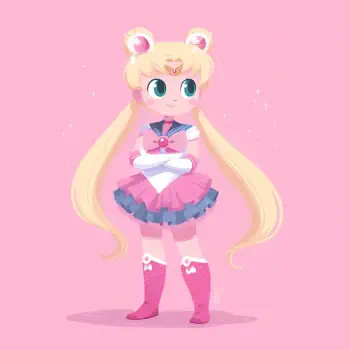 A cute, chibi-style avatar of Sailor Moon stands confidently with her arms crossed, featuring her signature pink outfit and long blonde hair against a soft pink background.