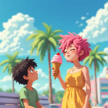 Anime-style summer scene featuring a girl with pink hair enjoying an ice cream cone while a boy looks at her, surrounded by palm trees and a bright blue sky. Ideal for a forum avatar.