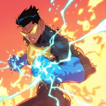 Profile photo featuring Mark Grayson from the TV show Invincible, showcasing him surrounded by vibrant energy and lightning, embodying his super-powered persona.