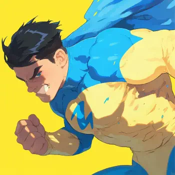 A vibrant profile photo featuring Mark Grayson from the TV show Invincible, showcasing him in a dynamic pose against a bright yellow background.