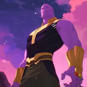 A purple anime-style illustration of Thanos, featuring his iconic gauntlet, set against a vibrant starry background. Suitable for use as a forum avatar or profile picture.