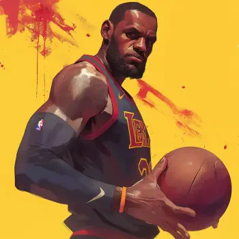An animated representation of LeBron James, poised confidently with a basketball against a vibrant yellow background, showcasing elements of basketball culture.