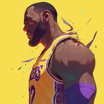 Anime-style profile picture of a muscular player in a yellow Los Angeles Lakers jersey, showcasing LeBron James with a bold, colorful background.