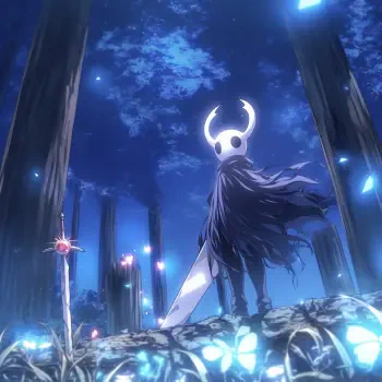 A character from the video game Hollow Knight stands confidently among glowing butterflies and tall trees, holding a sword, making a striking avatar or profile picture.