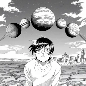 A young person with glasses gazes upwards in awe as planets align in the sky above, set against a cracked landscape and a distant city, reflecting the theme of planetary alignment.