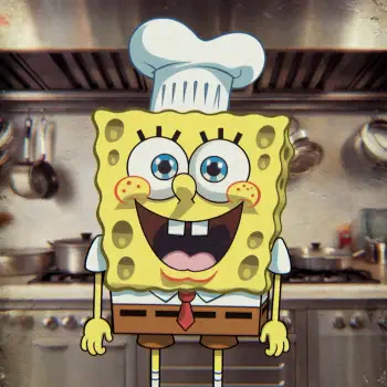 A cheerful SpongeBob SquarePants, wearing a chef's hat, smiles in a kitchen setting, perfect as a forum avatar or profile photo.
