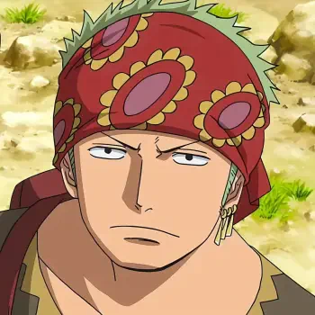 Anime avatar of Roronoa Zoro from One Piece, wearing a red bandana with a floral pattern and a serious expression against a sandy background.