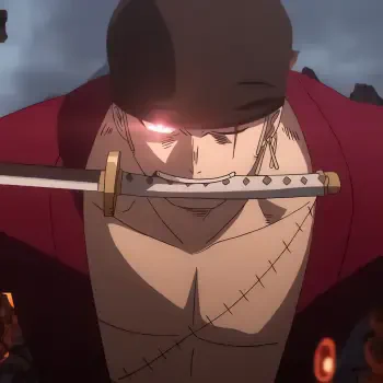 Profile image of Roronoa Zoro from the anime One Piece, featuring him with a sword in his mouth and a determined expression, set against a dramatic background.