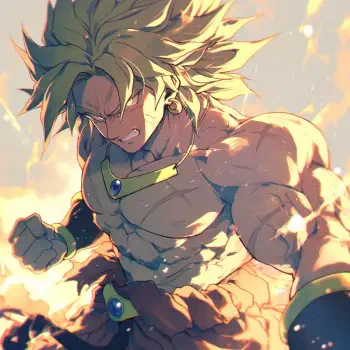 Super Saiyan Green Broly from Dragon Ball Super is depicted in a fierce stance, showcasing his muscular build and intense expression amidst a fiery backdrop.