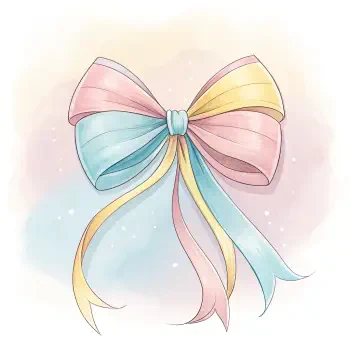A pastel-colored bow with pink, blue, and yellow ribbons, set against a soft, dreamy background, serves as a charming profile photo or avatar.