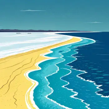 A serene coastal scene depicting golden sand meeting vibrant blue waters under a clear sky, perfect for use as a forum avatar or profile picture.