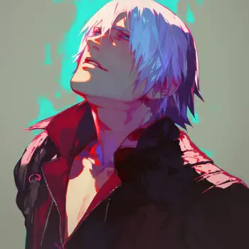 Profile image of Dante from Devil May Cry, showcasing his determined expression and iconic white hair against a vibrant, colorful background.
