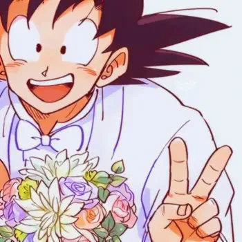 Anime character Goku from Dragon Ball smiles joyfully, wearing a white tuxedo and holding a bouquet of flowers, making a peace sign. This vibrant image serves as a profile photo.