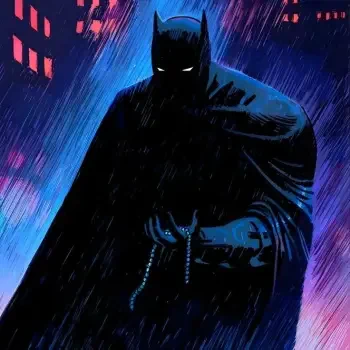 A digital illustration of Batman in a dark, rainy urban setting, featuring his iconic cape and cowl, suitable for a comic-themed forum avatar or profile photo.
