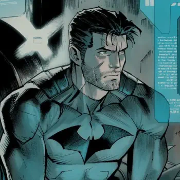 A comic-style avatar featuring Batman, showcasing a serious expression, detailed facial features, and a blue and black costume, set against a tech-inspired background.