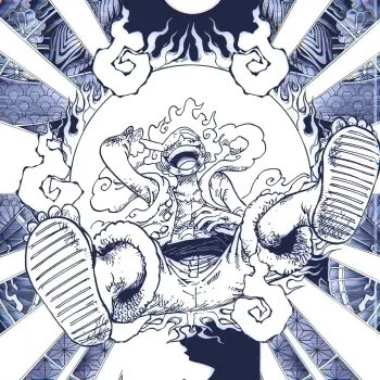 Anime-style profile photo featuring Monkey D. Luffy from One Piece in Gear 5, surrounded by dynamic designs and a striking monochrome background.