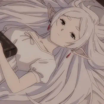 Anime avatar from Frieren: Beyond Journey's End, featuring Frieren with long white hair and pointed ears, lying down with a contemplative expression.