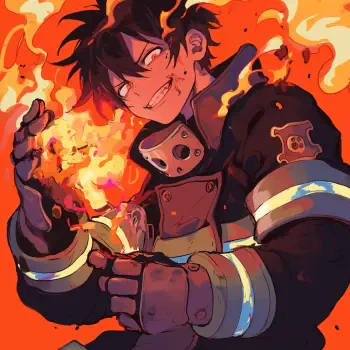 Anime character Shinra Kusakabe from Fire Force, depicted with a fiery background and an intense expression, showcasing his powers and bold personality as a forum avatar.