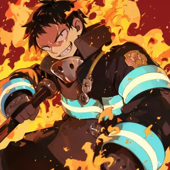Anime avatar featuring Shinra Kusakabe from Fire Force, depicted with a fierce expression amidst dynamic flames, wearing a fire-resistant suit with glowing blue accents.