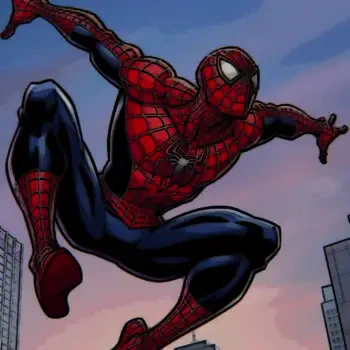 A dynamic comic-style image of Spider-Man in an action pose, set against a cityscape backdrop, serving as a vibrant profile photo or avatar.