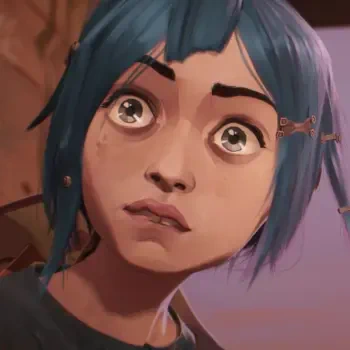 A close-up of Jinx from the TV show Arcane, featuring her signature blue hair and expressive eyes, serving as an engaging forum avatar profile picture.