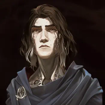 Profile image of Viktor from the animated TV show Arcane, showcasing a serious expression with shoulder-length dark hair, wearing a dark cloak and intricate mechanical details.