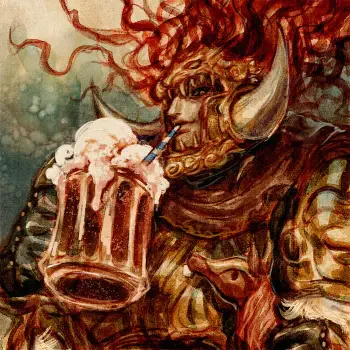 A vibrant avatar featuring Starscourge Radahn from Elden Ring, depicted with a playful twist, sipping from a frothy mug of drink amidst swirling colors.