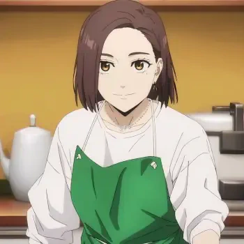 Anime character Kotoha Tachibana from Wind Breaker, featured in a profile photo wearing a green apron, smiling warmly against a kitchen background.