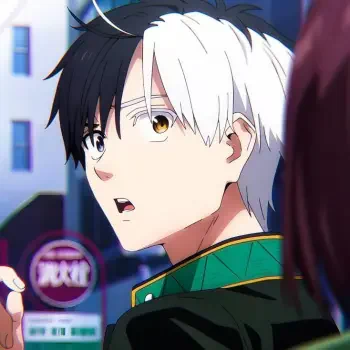 Anime avatar of Haruka Sakura from Wind Breaker, featuring a character with striking black and white hair, looking thoughtfully over their shoulder against a city backdrop.
