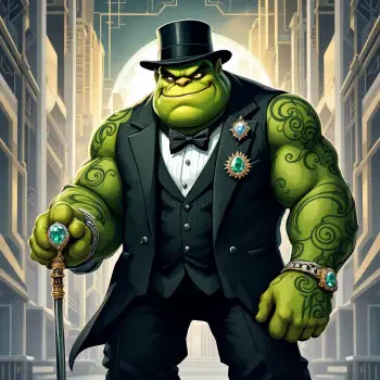 A stylized ogre character in a tuxedo and top hat stands confidently, adorned with jewelry, against a futuristic backdrop, perfect for use as a forum avatar.